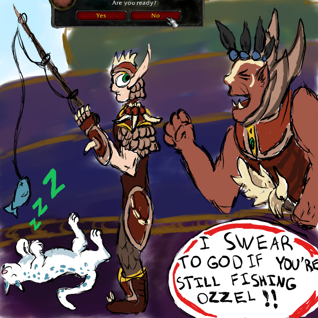 A mag'har orc monk yells at a blood elf hunter for fishing while they are supposed to be fighting a raid battle. The hunter's pet snow leopard is fast asleep.