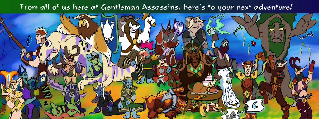 The Gentleman Assassins raid gathers to bid our raid leader Ian a fond farewell! In rough order of appearance, left to right and top to bottom, we have: Ozzel, Lucy, Blakkthorne and/or Sunflower, Crom, Yotingo, Alelsa, Bleekshril, Gobdruid, Friend, Shiften, Tandralyne, Krampus, Sortiara, Razorfist, Alunetien, Arrowkeys, Joystick, Casals, Tyrdan, RAV, Allardel, Jacob, and Bealeida.