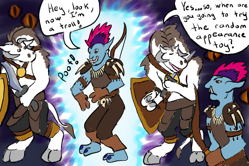 A white tauren tells his raid member he couldn't tell the difference between his troll transmogrification and his usual elf appearance.