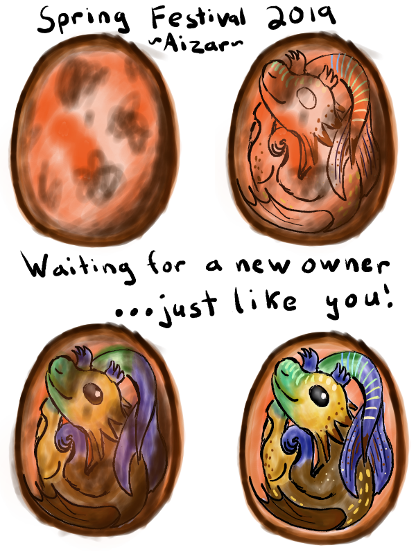 Four eggs showing the progression of a sylvorpa baby developing. For Spring Festival 2019, by Aizar