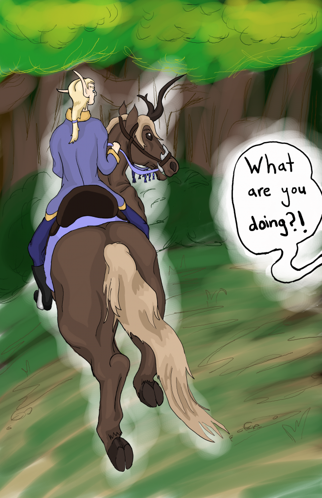 A wuyon'mar elf rides a charger (unicorn) while someone offscreen yells at him.