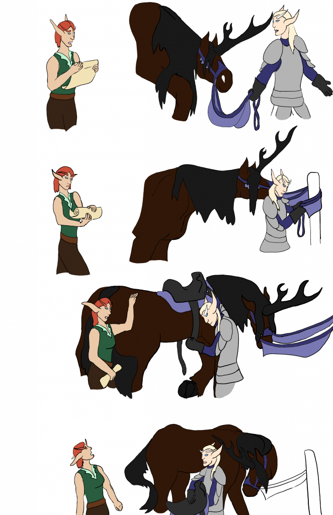 Unfinished version of the Trials, Page 4, showing two elves arguing with each other while one of them ties up and untacks a unicorn.