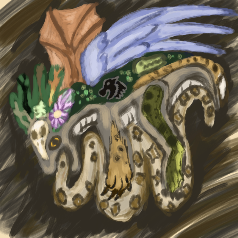 Digitized Acrylic painting of an Argonian (lizardman) biting a snake. The lizardman has body parts of multiple animals, including a panther, frog, bird, and bat. It has a headdress made of leaves and a bird's skull.