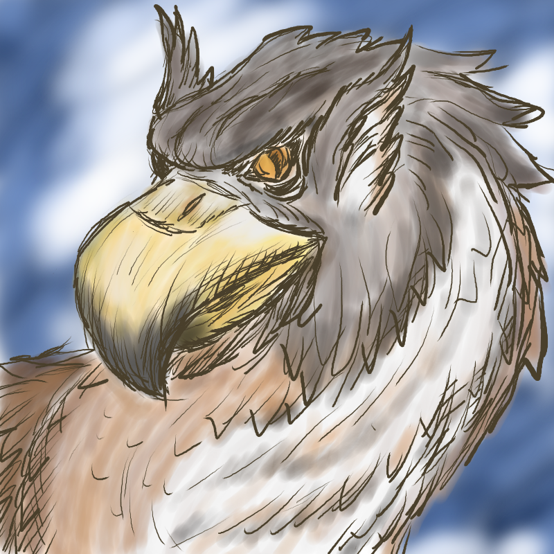 A griffin (gryphon)'s head done in profile with inkpen lines and a watercolor brush for light color.
