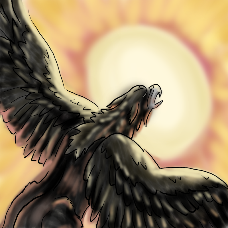 Silhouette of a black griffin (gryphon) in flight, against a yellow and red sun.