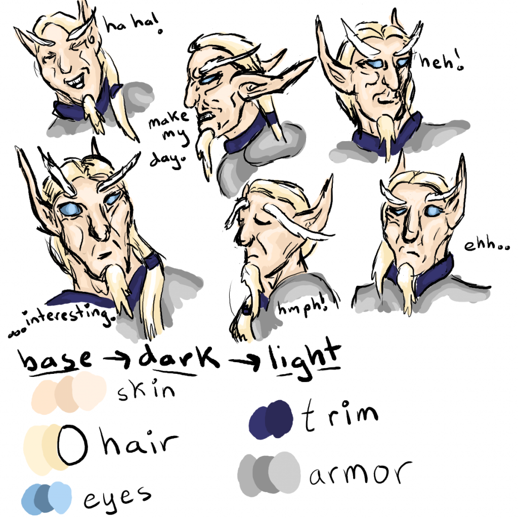 Six facial expressions for Keelath, and a color chart