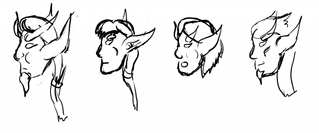 Side views of the faces of Keelath, Evelos, Mirium, and Tyrdan.