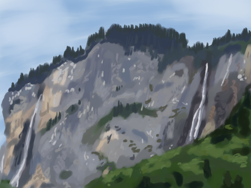 A painting of a shale cliff in the Alps.