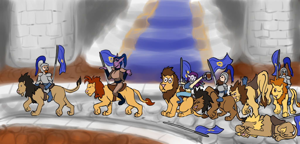 A drunken void elf causes a lion-traffic jam during a guild parade.