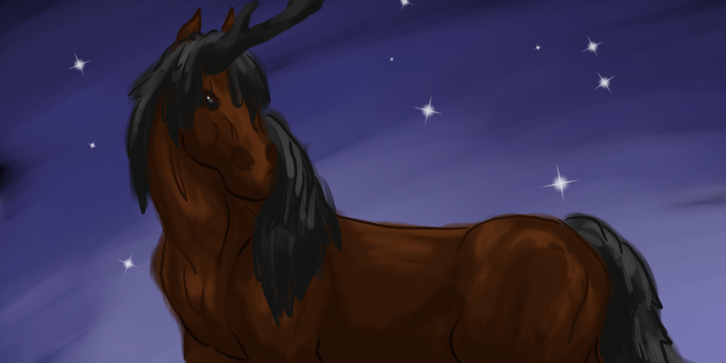 Painting of a dark bay unicorn against a starry twilight background.