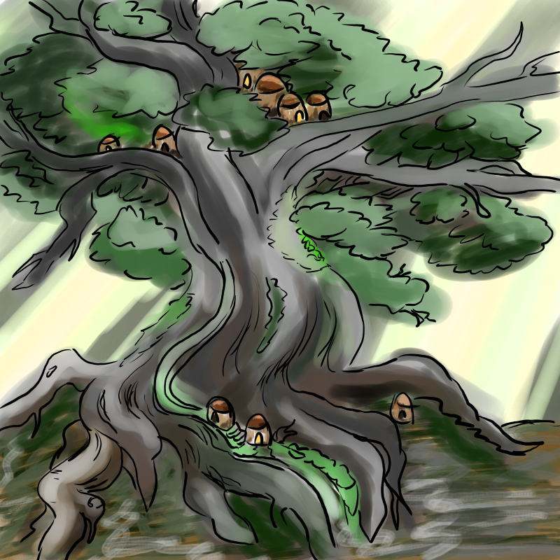 A rough painting of a Falinesti, or walking tree that houses wood elves.