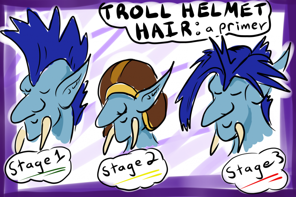 A cartoon showing the three stages of troll helmet hair.