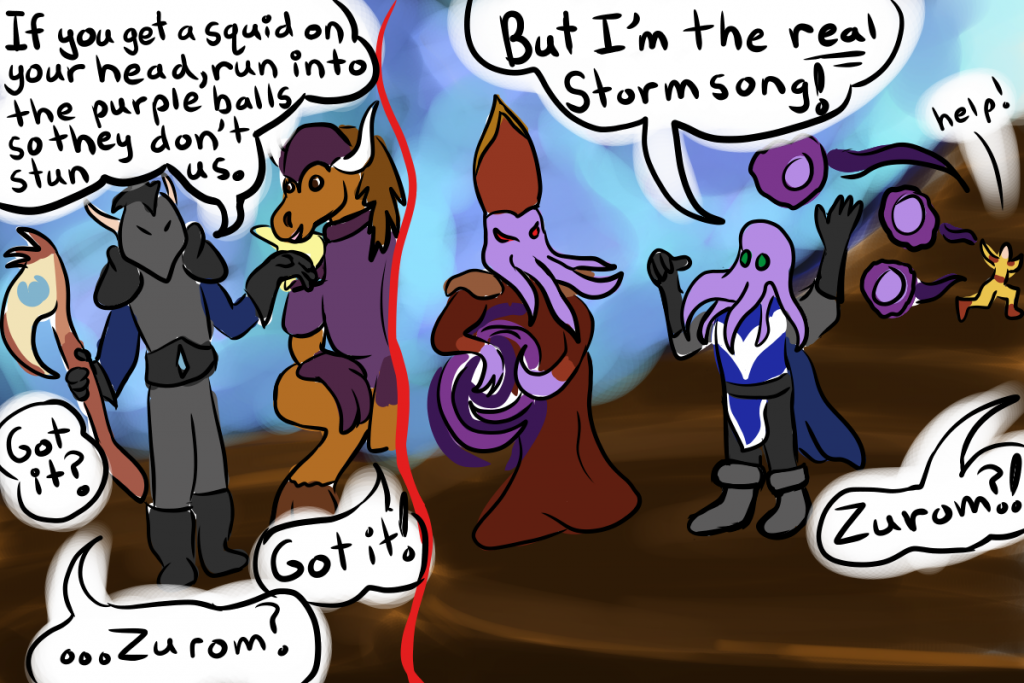 Comic depicting Keelath the death knights giving the fight strategy for the Lord Stormsong boss while Zurom the warlock ignores it