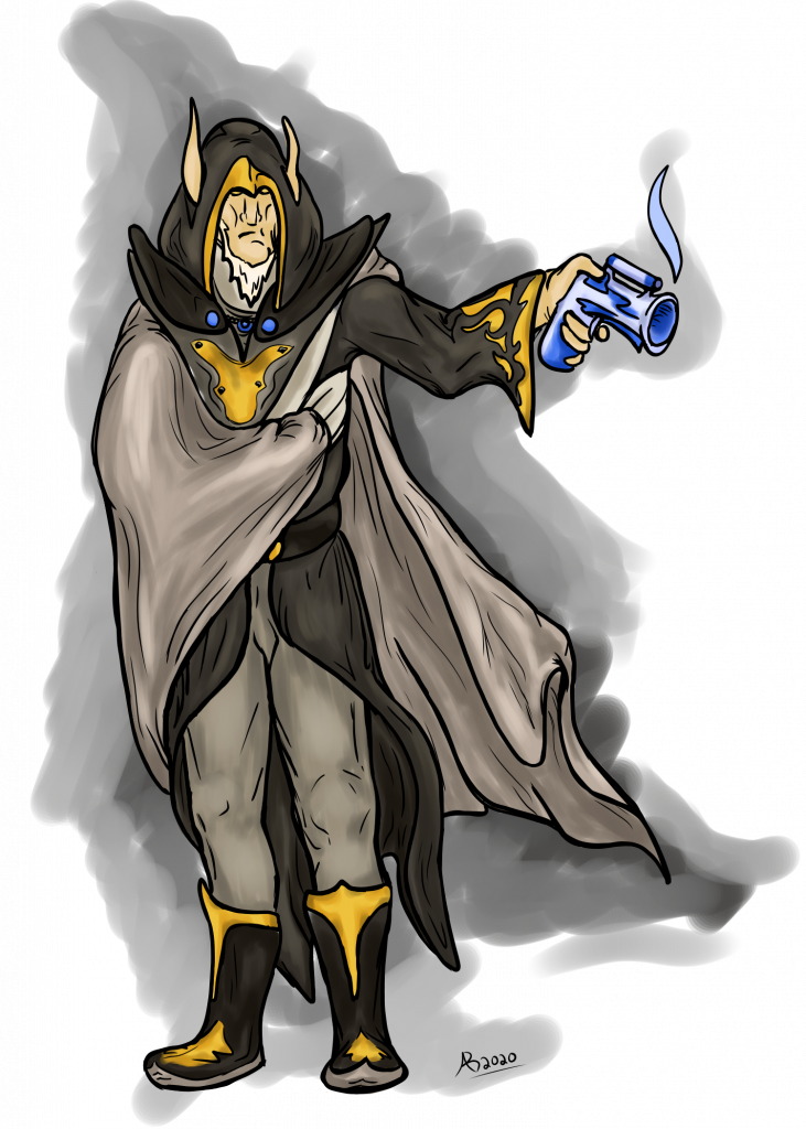 Colored line art of Ondolemar, an Elder Scrolls altmer and an original blood elf player character in World of Warcraft.