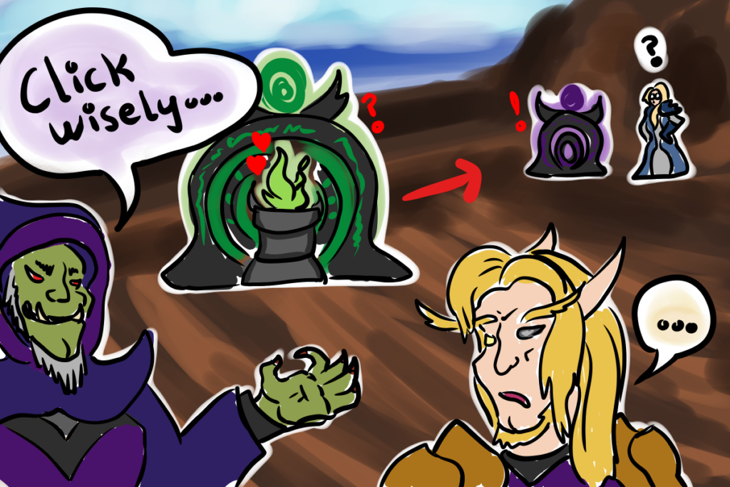 Comic of an orc warlock who summoned a Demonic Gateway on top of his Soulwell while his guild fought Mythic-difficulty Jaina.