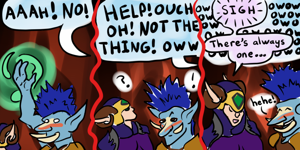 Comic with Yotingo the troll and Sisqa the demon hunter listening to a raid member yelling.