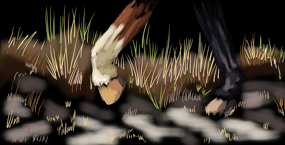 somewhat impressionistic painting of horse hooves over desert ground