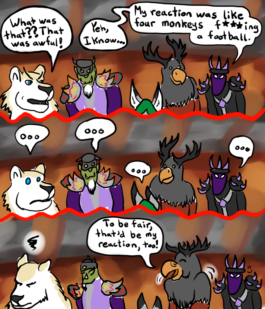 a web comic depicting a World of Warcraft raid reacting to an inappropriate remark from Dorasmus the undead mage