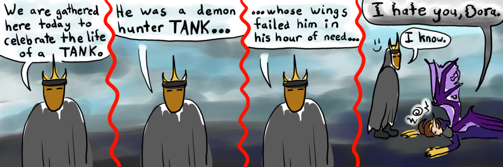 comic of Dorasmus, the undead mage, giving Siqsa the demon hunter a eulogy